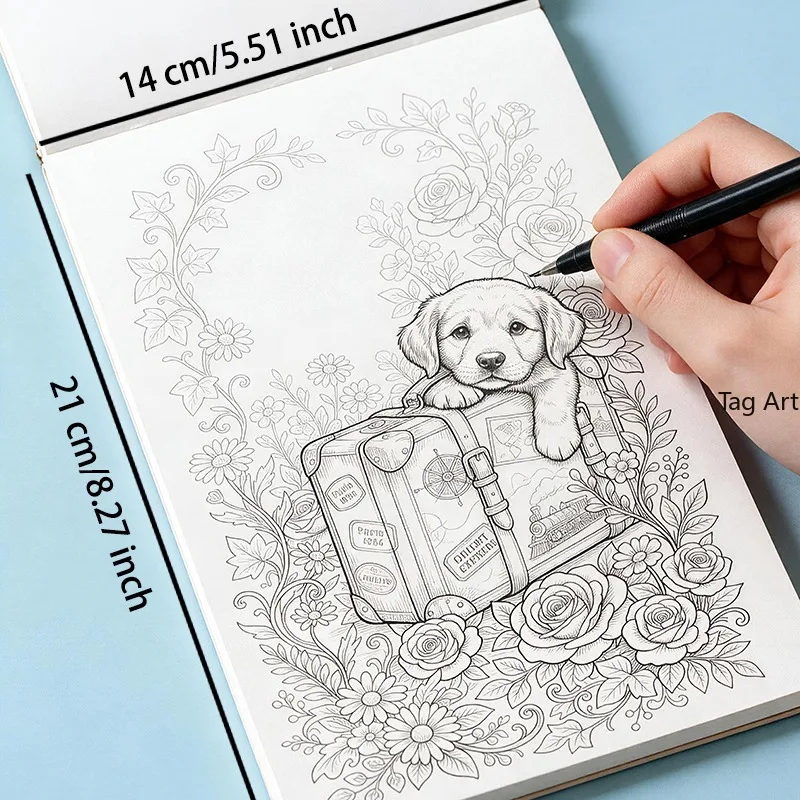 A Hand Drawn Coloring Exercise Book for Adult Healing and Stress Relief, with Themes Such As Flowers, Street Scenes, and Animals