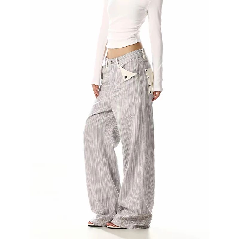 ZHIZOU Women Gothic Y2k Gray Design Jeans Vintage 2000s High Street Grunge American Style Baggy Stripes Wide Leg Denim Pants