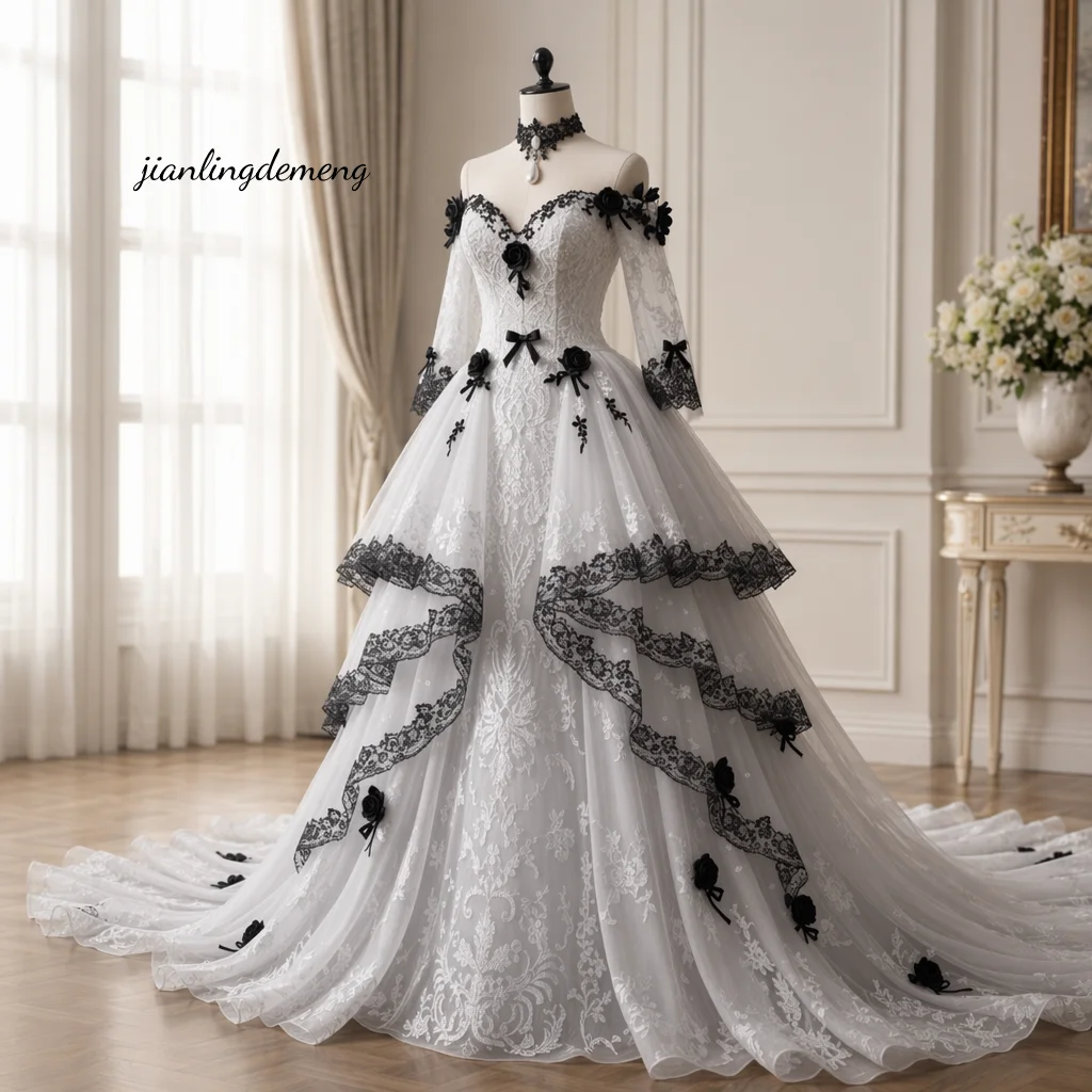Dark Gothic Ivory Black Lace Wedding Dress Off Shoulder Three Quarter Black Rose Tiered Halloween Bridal Gown Customized