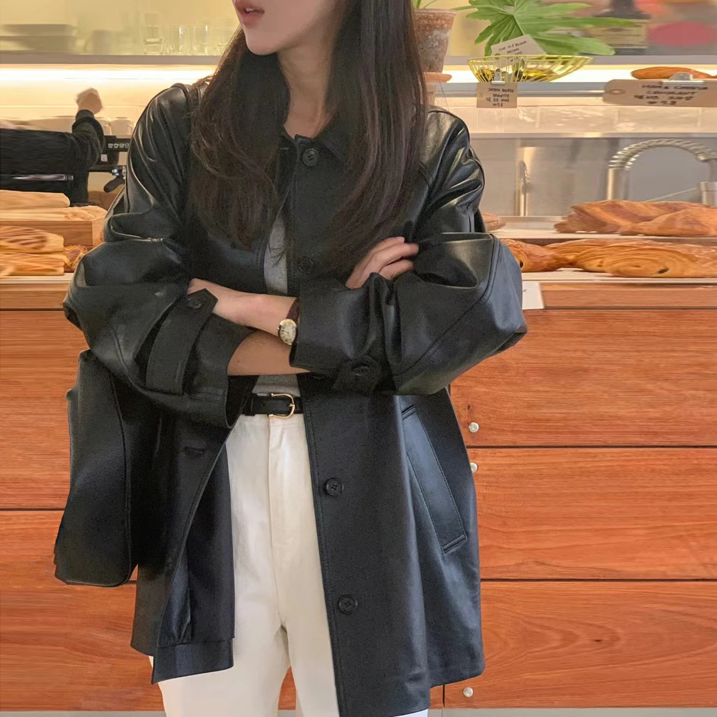 

Loose Black PU Leather Jacket Women's Spring Autumn Fashion Street Style Retro Design Long Sleeve Coat Casual Outerwear