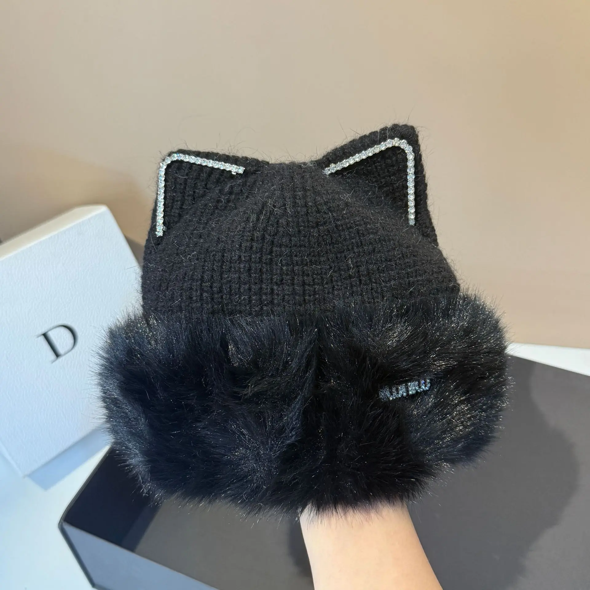 

Women's Faux Rabbit Fur Hat with Cat Ears Cute Winter Knit Bonnet, Luxury Soft Mink Like Trapper Hat, Sweet Korean Style Beanie