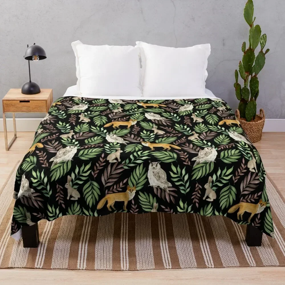 

Foxes, owls, rabbits. Black pattern Throw Blanket All Season Lightweight Soft Blanket for Bed