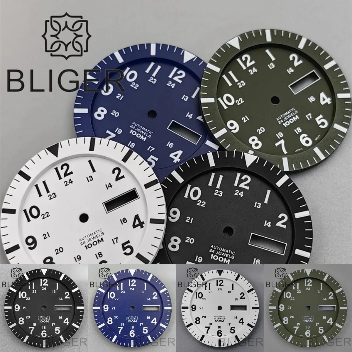 BLIGER personalizado 34,3mm esfera de reloj grande ajuste 42mm tamaño caja de reloj negro blanco Oliva azul esfera de reloj semana fecha ventana verde luminoso