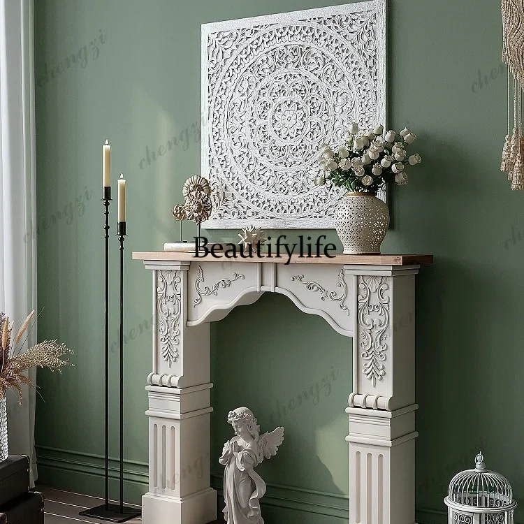 a95 European solid wood fireplace decorative cabinet relief retro arched French fake fireplace decoration living room small fire