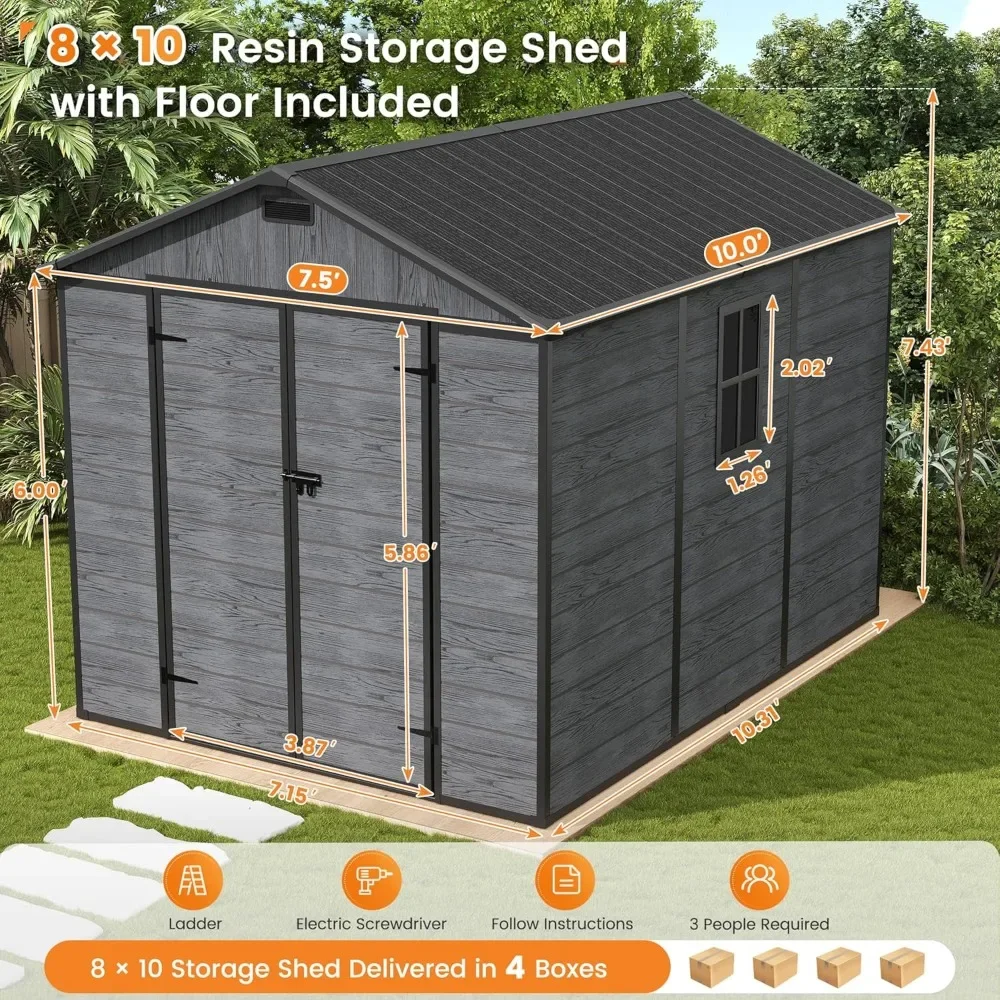 Outdoor Plastic Storage Shed with Floor Large Garden Tool Shed Lockable Door for Bike Backyard Patio Dark Grey