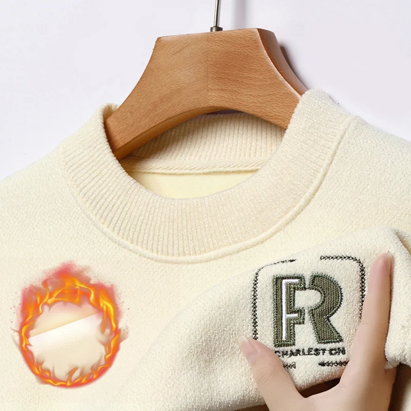 

New Luxury Design Fleece Men's Sweater Winter O-Neck Letter Embroid Pullover Street Trend Fashion Versatile Warm Soft Men's Wear