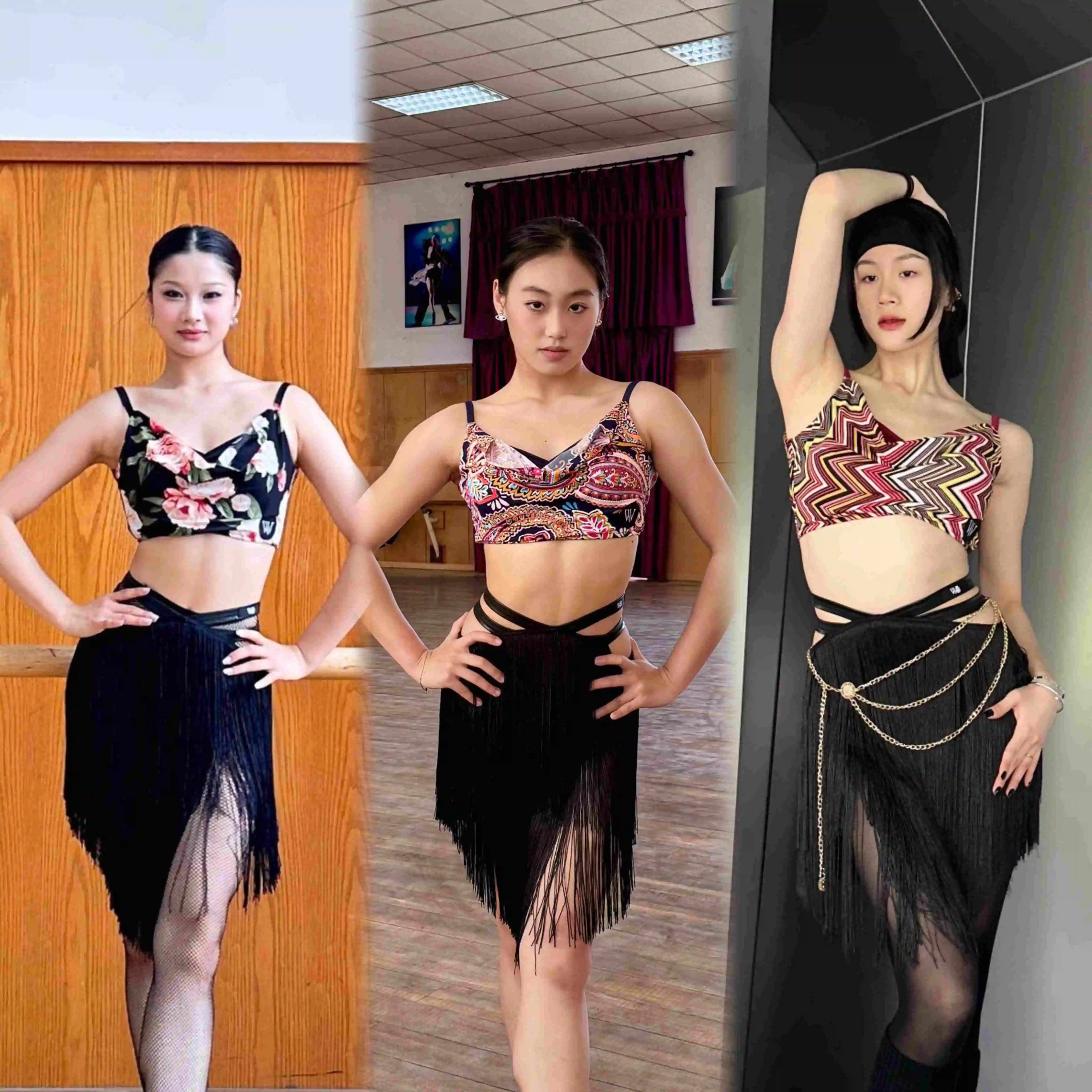 Vêtements de danse latine d'été pour femmes, hauts courts de Sport, jupe à franges, Rumba Samba, vêtements de Performance pour pratique de la danse, nouvelle collection DNV24463