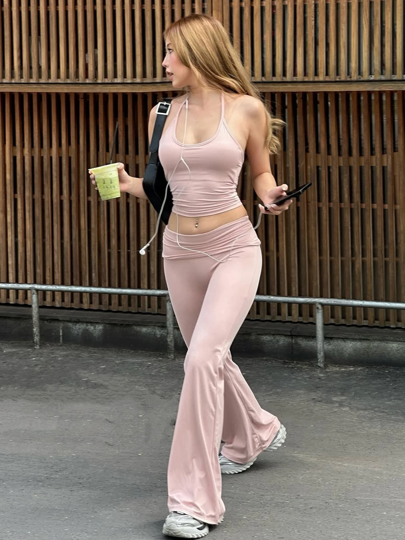 Hugcitar Fashion 2 Piece Sets Halter Soild Backless Lace Up Sexy Crop Camis Top Flare Pants Women Outfit Tracksuit Vacation Yoga