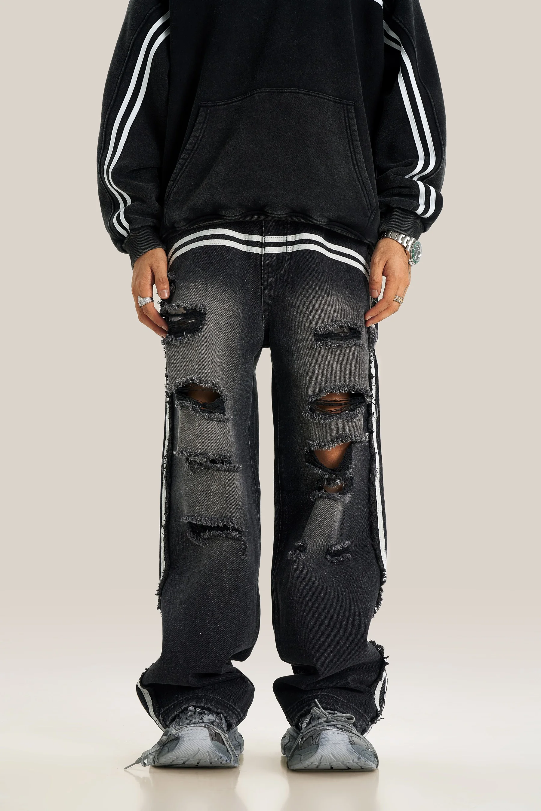 Amirise 405G Stripes Ripped Jeans Men Designer Clothes 2000s Y2K Style 2025 New Cargo Pants Straight Leg Streetwear Baggy Jeans