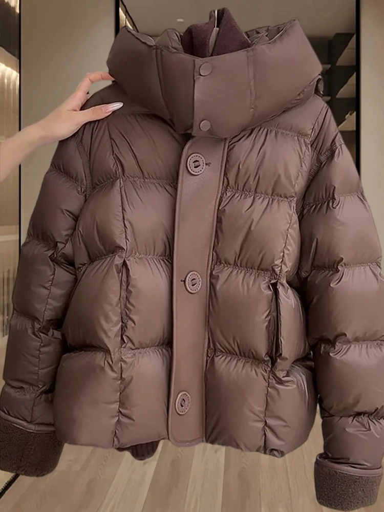 

Женская зимняя куртка-пуховик с воротником из овечьей шерсти, новый дизайн, свободный крой, корейская версия, однотонная, на молнии