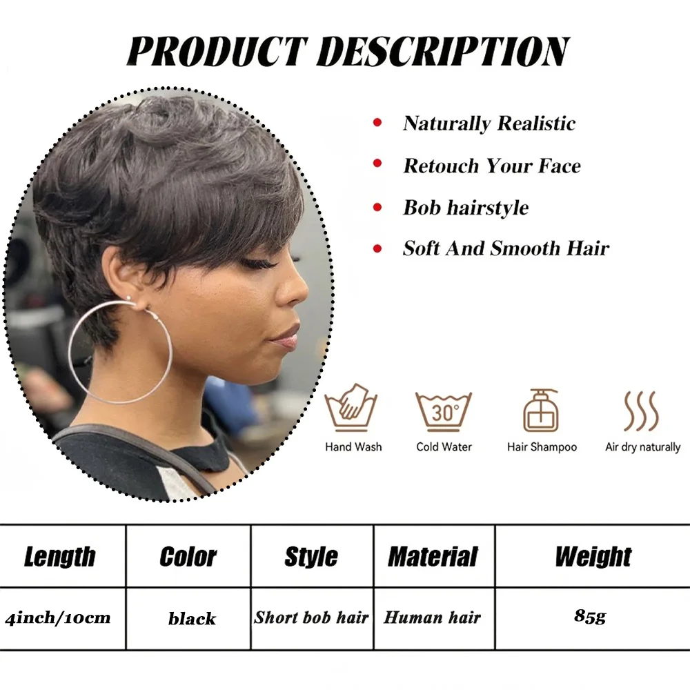 Pixie Cut Wig Short Layered Wigs Short Straight Full Machine Made Natural Wig with Bangs for Daily Use
