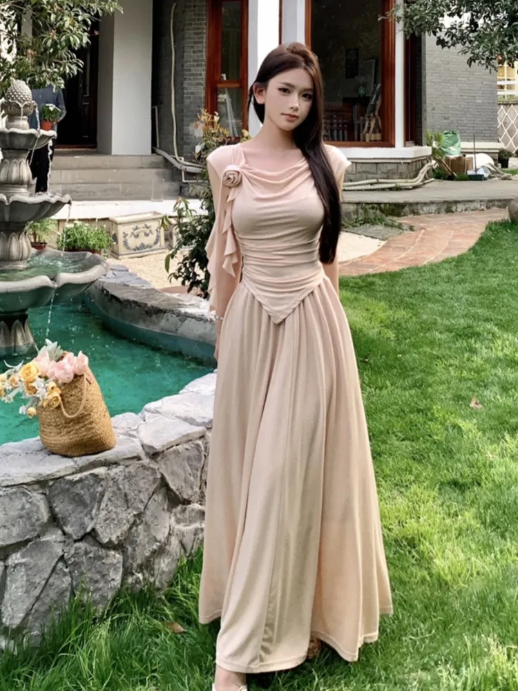

Women Fashion Party 2 Piece Skirt Set Summer French Retro Solid Slim 3D Flower Top A-line Skirts Elegant Birthday Female Clothes