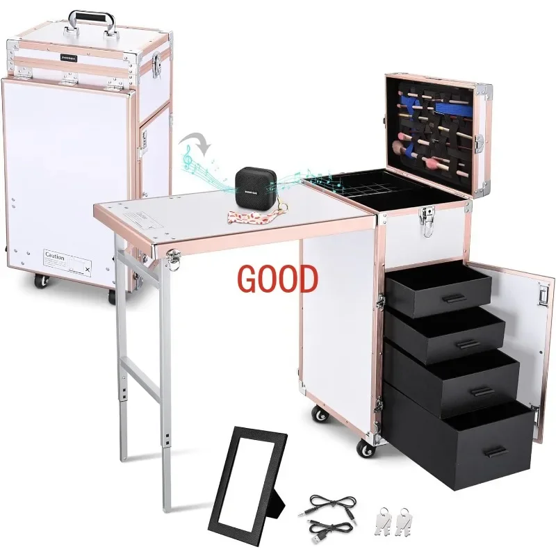 Rolling Manicure Table Foldable Nail Table Makeup Train Case with Desk cosmeti Trolley Travel Storage Organizer with 4 Drawers