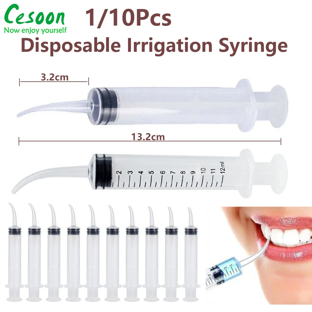 1/10Pcs Disposable Dental Irrigation Syringe With Curved Tip 12ml Dentist Use Material Tooth Transparent Whitening Dental Care