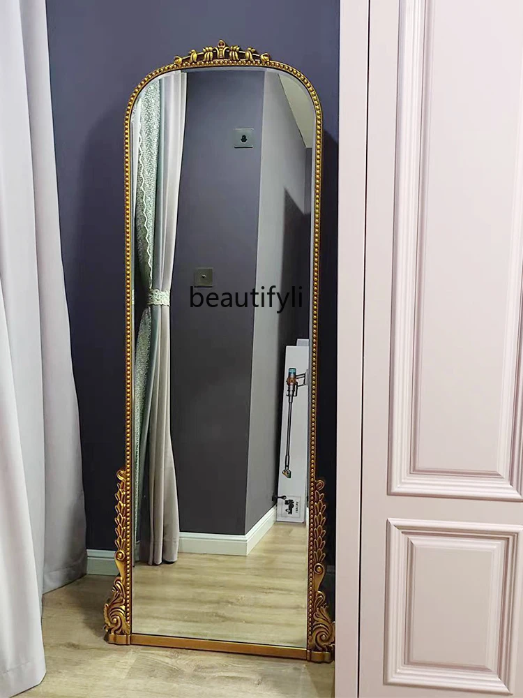 French Style Wall-Mounted Retro Full Body Mirror European Entry Lux Dressing Mirror Arch Floor Retro Full-Length Mirror Carved