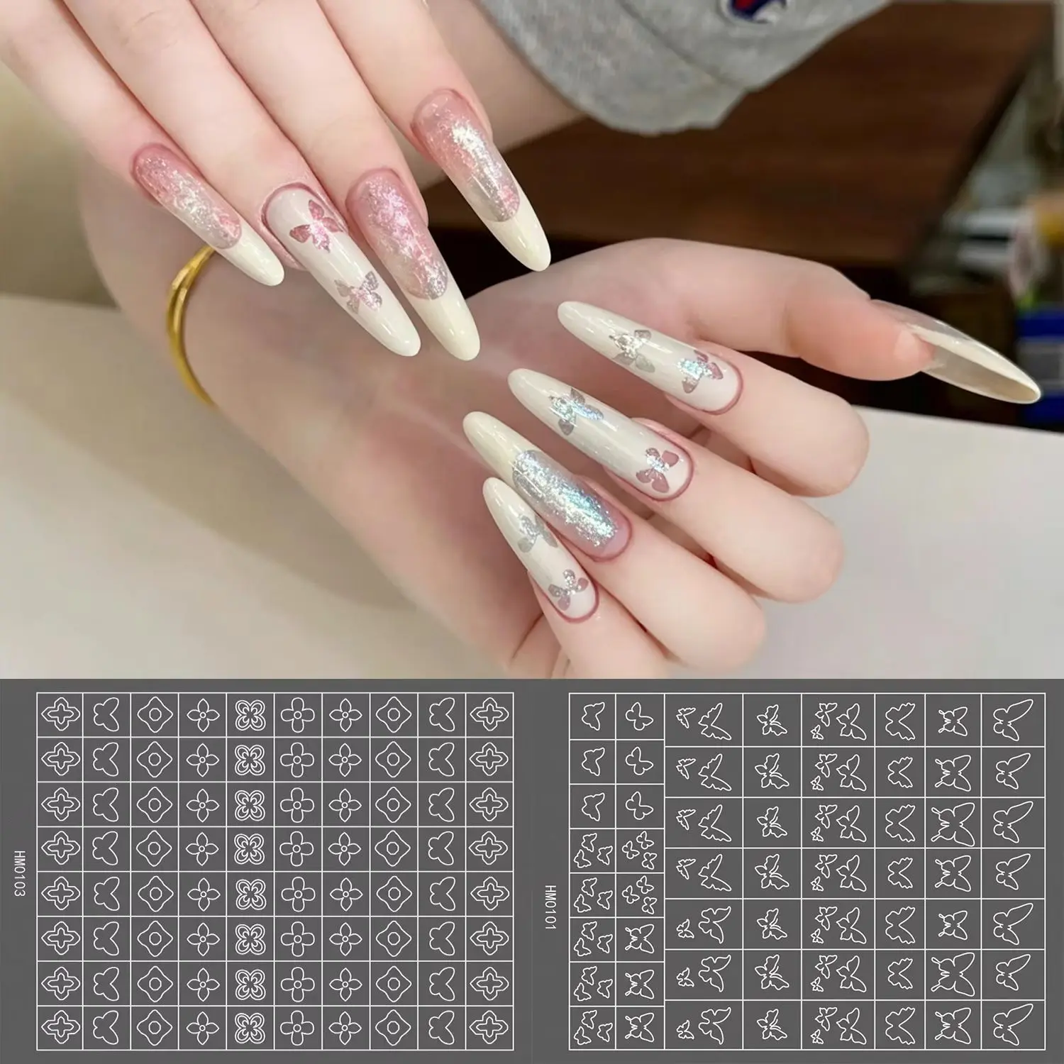 1 sheet  Hollow Stars Butterfly Flower Moon French Smile Line Nail Art Stencils Template Stickers Airbrush Gradient Manicure DIY