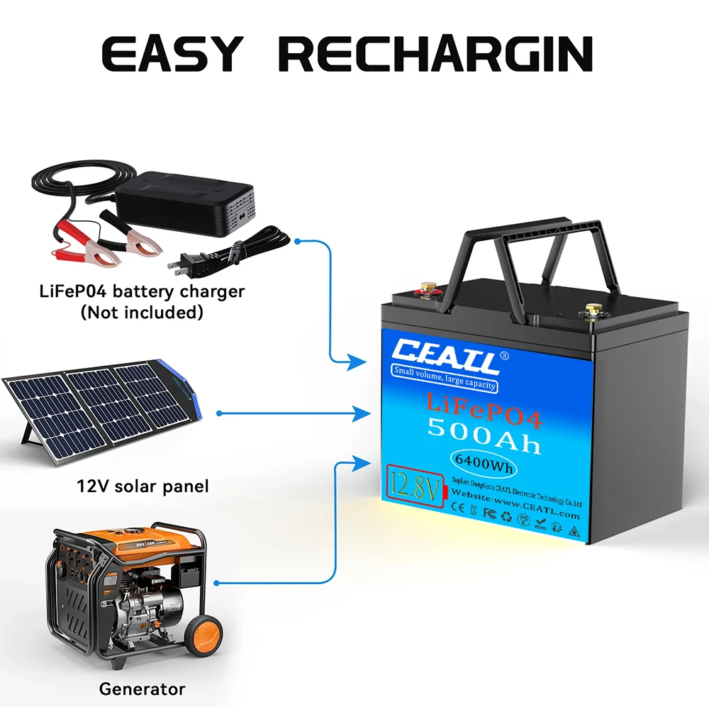 

12.8V LiFePO4 Lithium Battery 500Ah 6400Wh , Built-in 200A BMS Battery, for RV/Camper, Solar, Marine, Overland