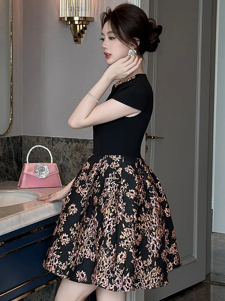 เสื้อผ้าผู้หญิงสีดำแจ็คการ์ด O-คอสลิมเอ-ไลน์มินิชุดสั้นหรูหราแฟชั่นปาร์ตี้พรหมชุดเดรสโอกาสที่เป็นทางการใหม่