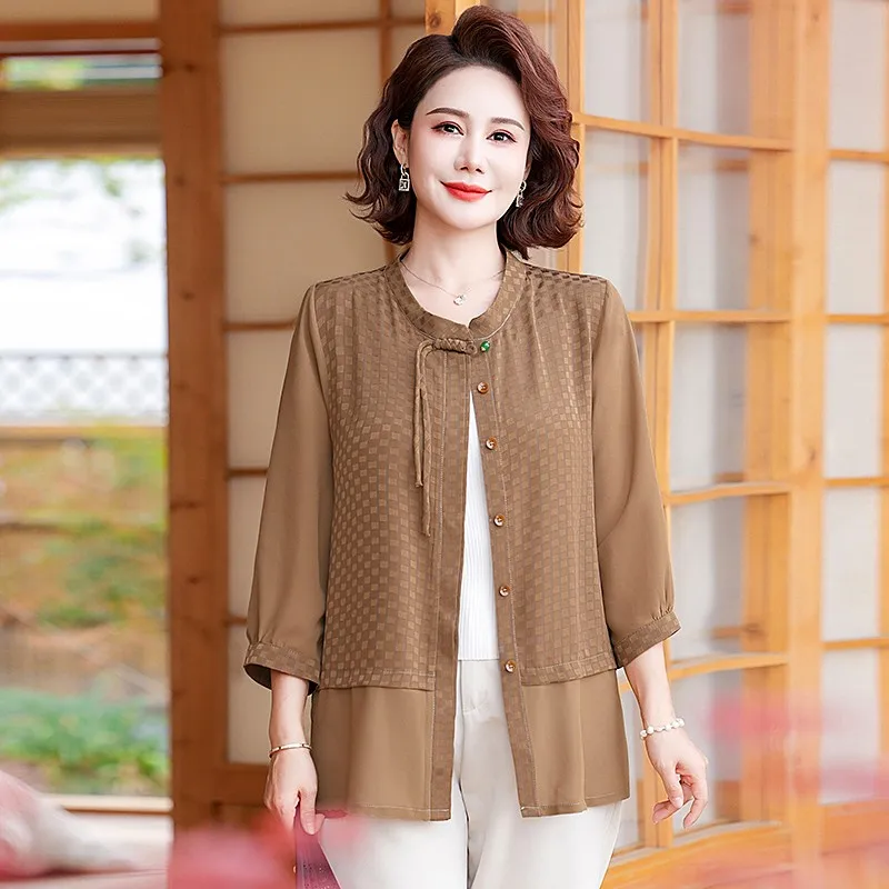 

Casual Loose Vintage Checkered Shirt Summer Elegant V-Neck Female Clothing Chic Commute Button Spliced Half Sleeve Blouse