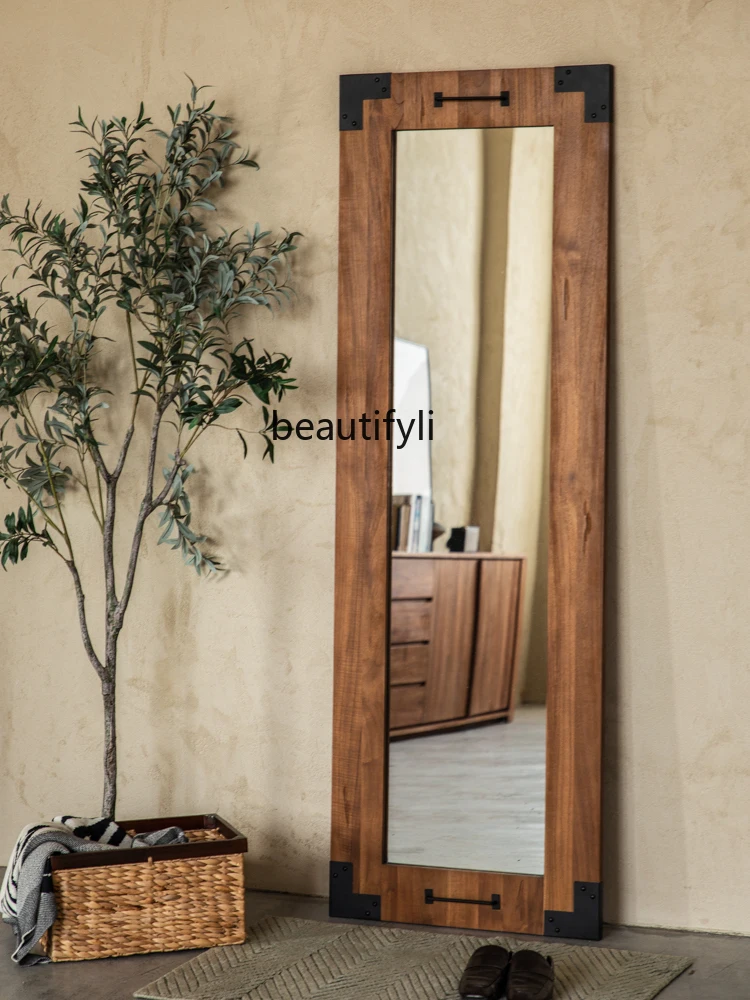 Old Teak Furniture Solid Wood Frame Full-Length Mirror Floor Full-Length Mirror Home Modern Retro