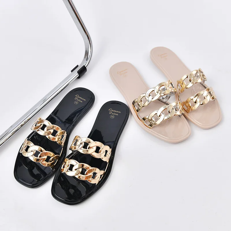 2023Summer Flat Bottom Slippers Student Fashion Women's Sandals Versatile Women's Summer Footwear Chain Casual Shoes Women Shoes