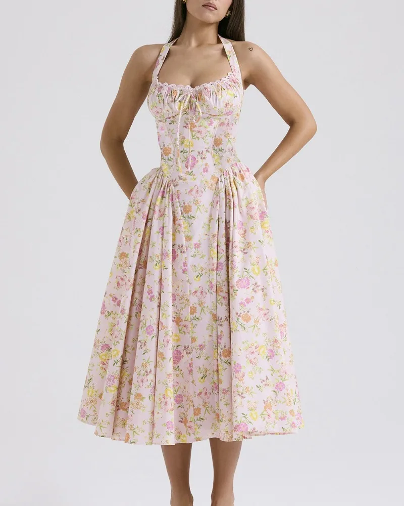 

Solid Color Women Neck Hanging 2025 Slim Fitting Suspender Long Dress Fashionable Printed Neck Hanging Lace Dress