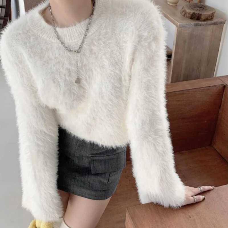 Pullovers Women Solid Fall Winter Slim-fit  Long Flare Sleeve Knitted Sweaters O-neck Crop Tops Korean Style Simple All-match