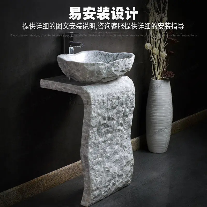 yj9 Stone pillar washbasin integrated floor wash basin