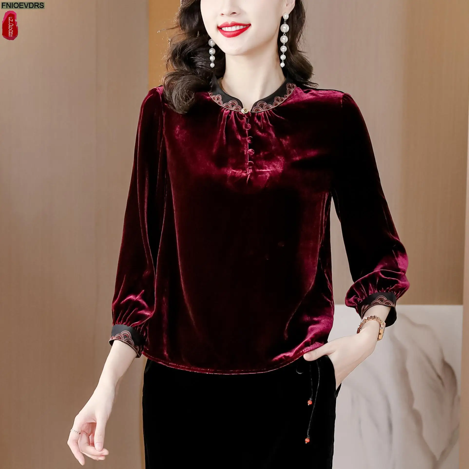 M-4XL New Year Red Black Tops Women Winter Basic Wear Button Stand Collar Retro Vintage French Design Shirts Velvet Tops Blouses