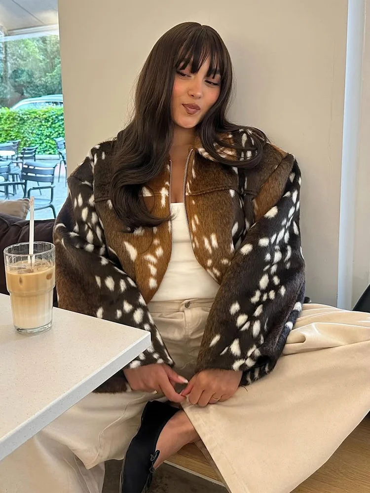 Lady Street Leopard Print Faux Fur Cropped Jacket Full Sleeve Jackets Full Zip Front 2026 Autumn Winter Fashion Lady Outerwear