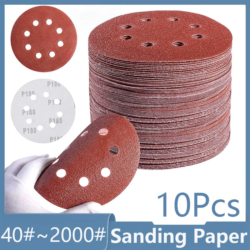 10Pcs 8Hole 125mm Sandpaper For Metal Wood Glass Sander Polishing Pads Home Abrasive Tools 40~2000 Grit