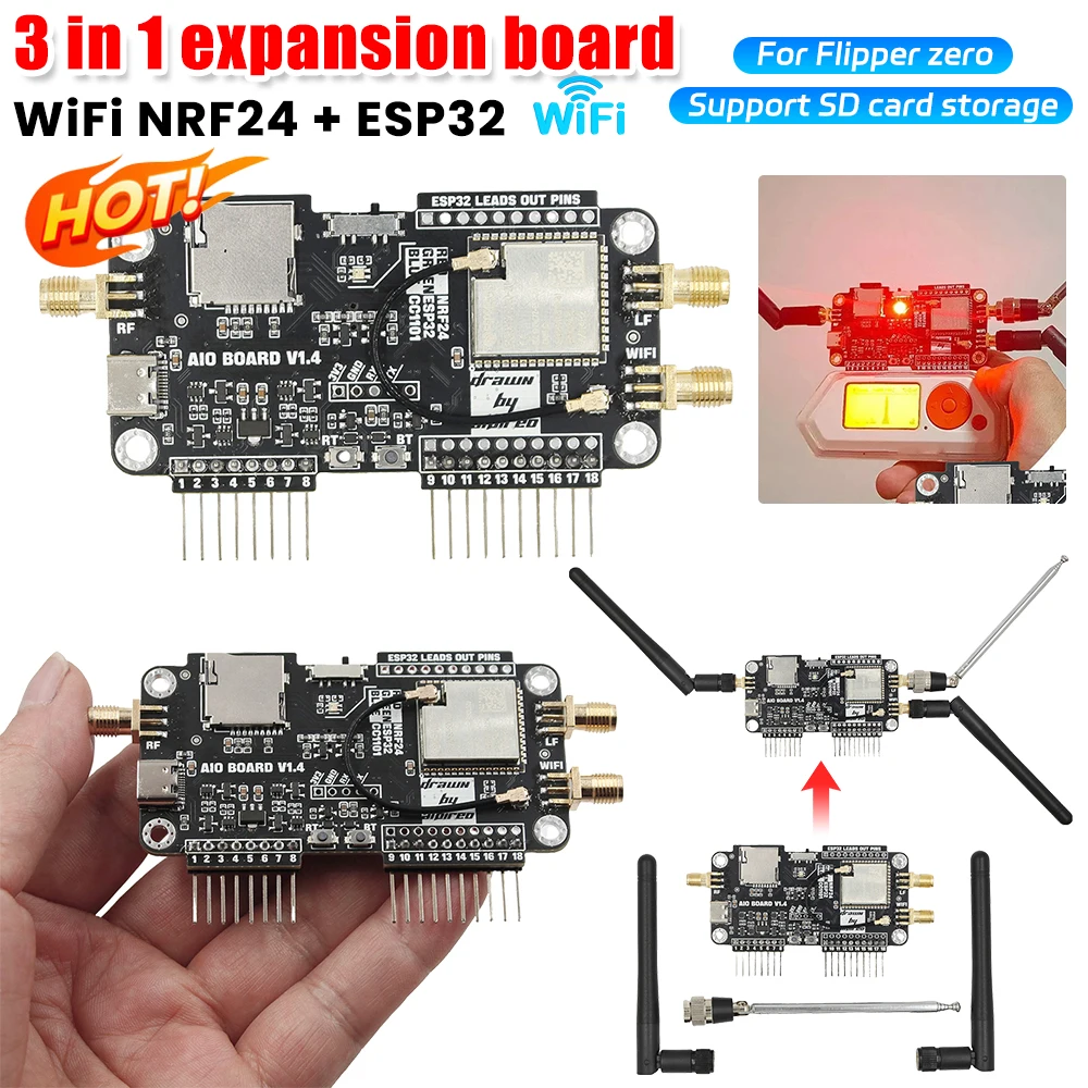 For Flipper Zero Multiboard Expansion Board 3 in 1 2.4G Module Expansion WiFi NRF24 + ESP32 Expansion High Gain CC1101 Module