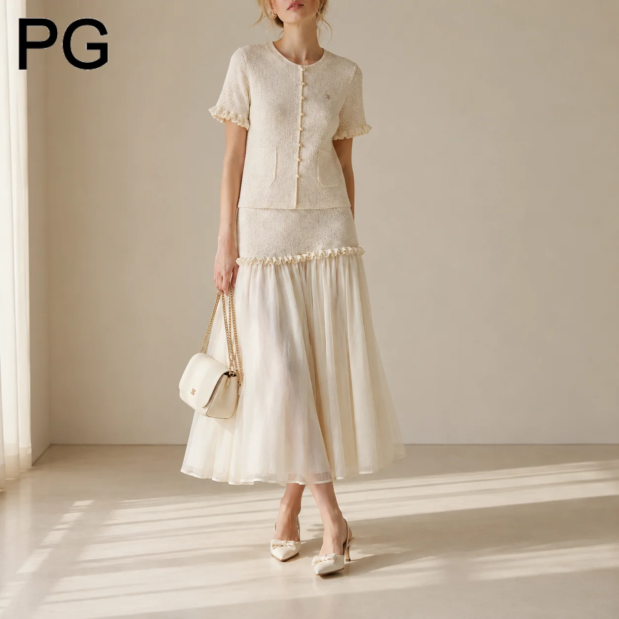 Women Two Piece Outfit Short Sleeve Ruffle Cuff Cardigan Midi Ruffle Hem Skirt Metal Badge Ladies Co Ord Suit Sets