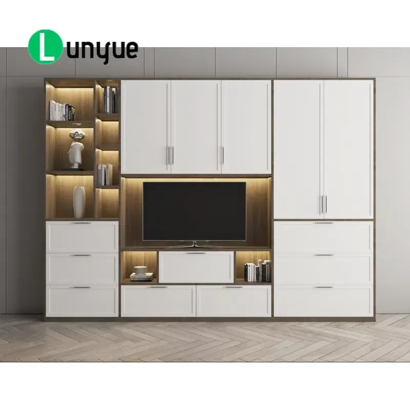 Luxury Modern TV Cabinet Whole House Custom Panel Design Eco Friendly Solid Wood Media Furniture with Storage Space