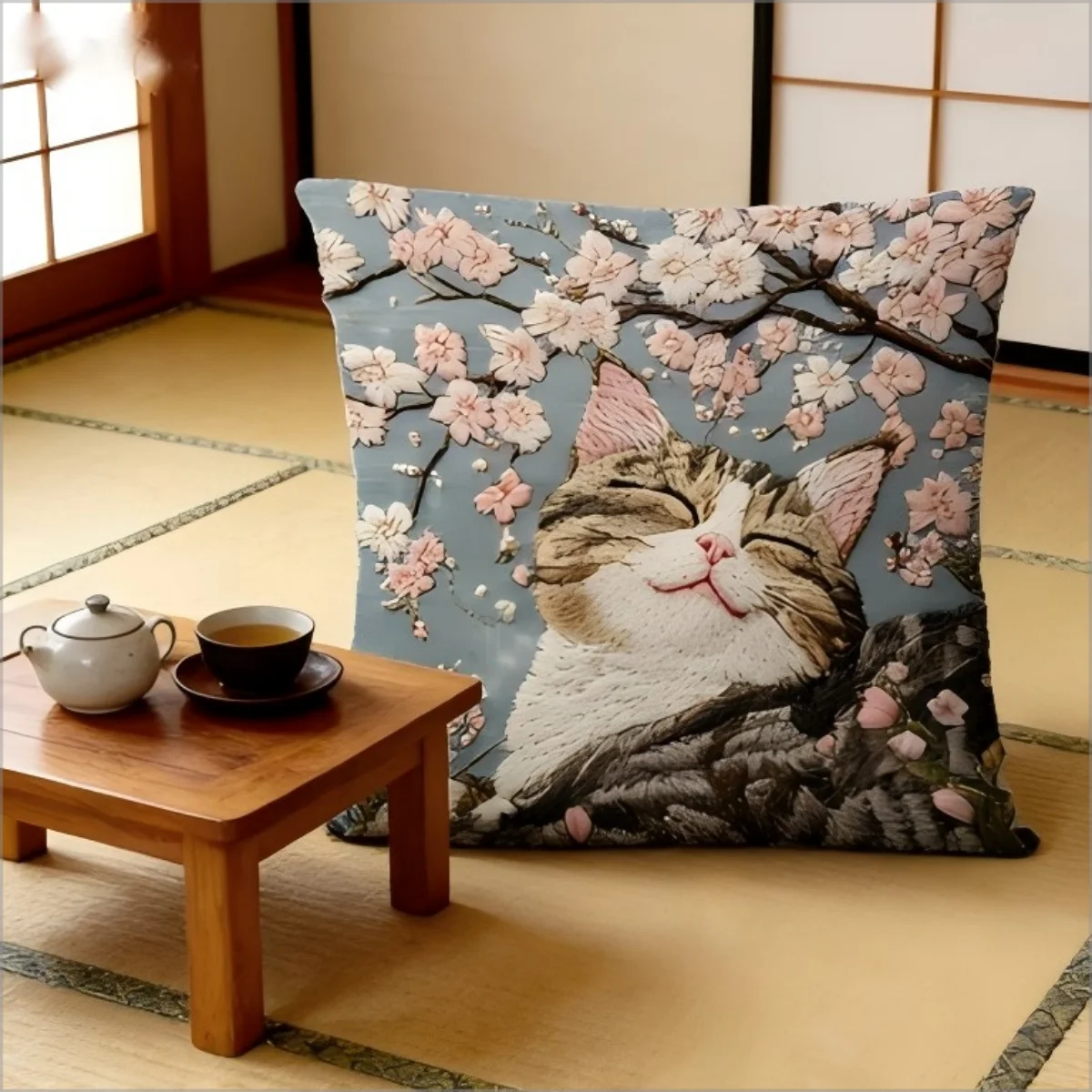 Cherry Blossom Cat Pillow Cover 2D Faux Embroidery Print Japanese Sakura Floral Cushion Case for Sofa Bed Couch Home Decor