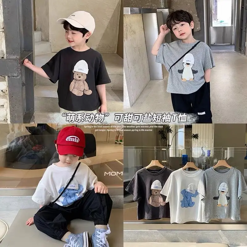 

2022 New Children's Short-Sleeved T-shirt Summer Korean Style Boys' Half Sleeve Bottoming Shirt Cartoon Printed Crew Neck Top