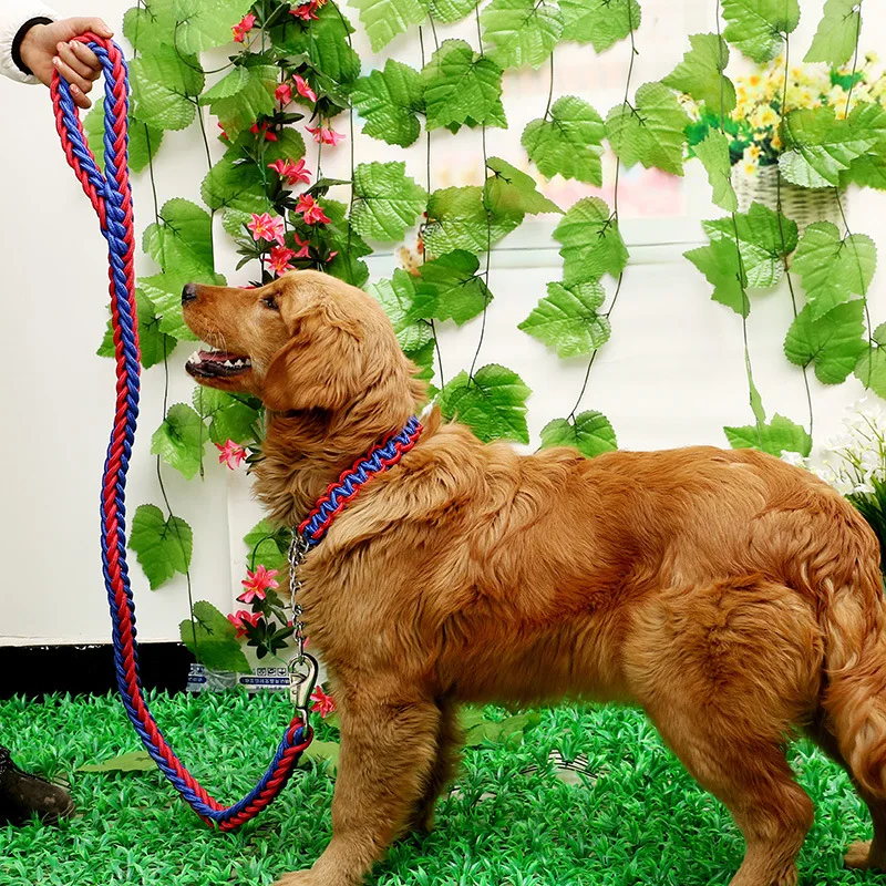 Double Strand Rope Large Dog Leashes Metal P Chain Buckle Contrast Colorful Pet Traction Rope Collar Set Firm 1.2m Length