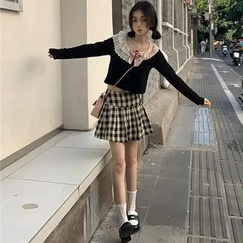 الخريف Kawaii لوليتا سترة مشغولة من الصوف المرأة الدانتيل الأسود الكورية الحلو لطيف سترة الإناث القوس اليابانية سترة أنيقة القمم 2025