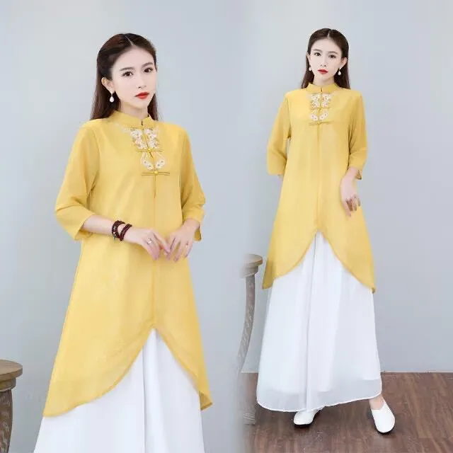 Chinese Style Modified Qipao Retro Chinese Style Embroidered Qipao Women Zen Style Tea Loose Dress Cheongsam Robe Chinoise