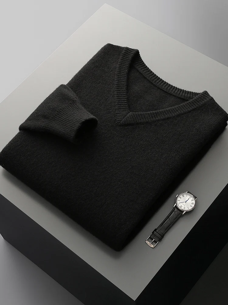100% de lana merina para hombre, jersey con cuello en V, suéter grueso, cálido, informal, Base de moda, suéter de punto