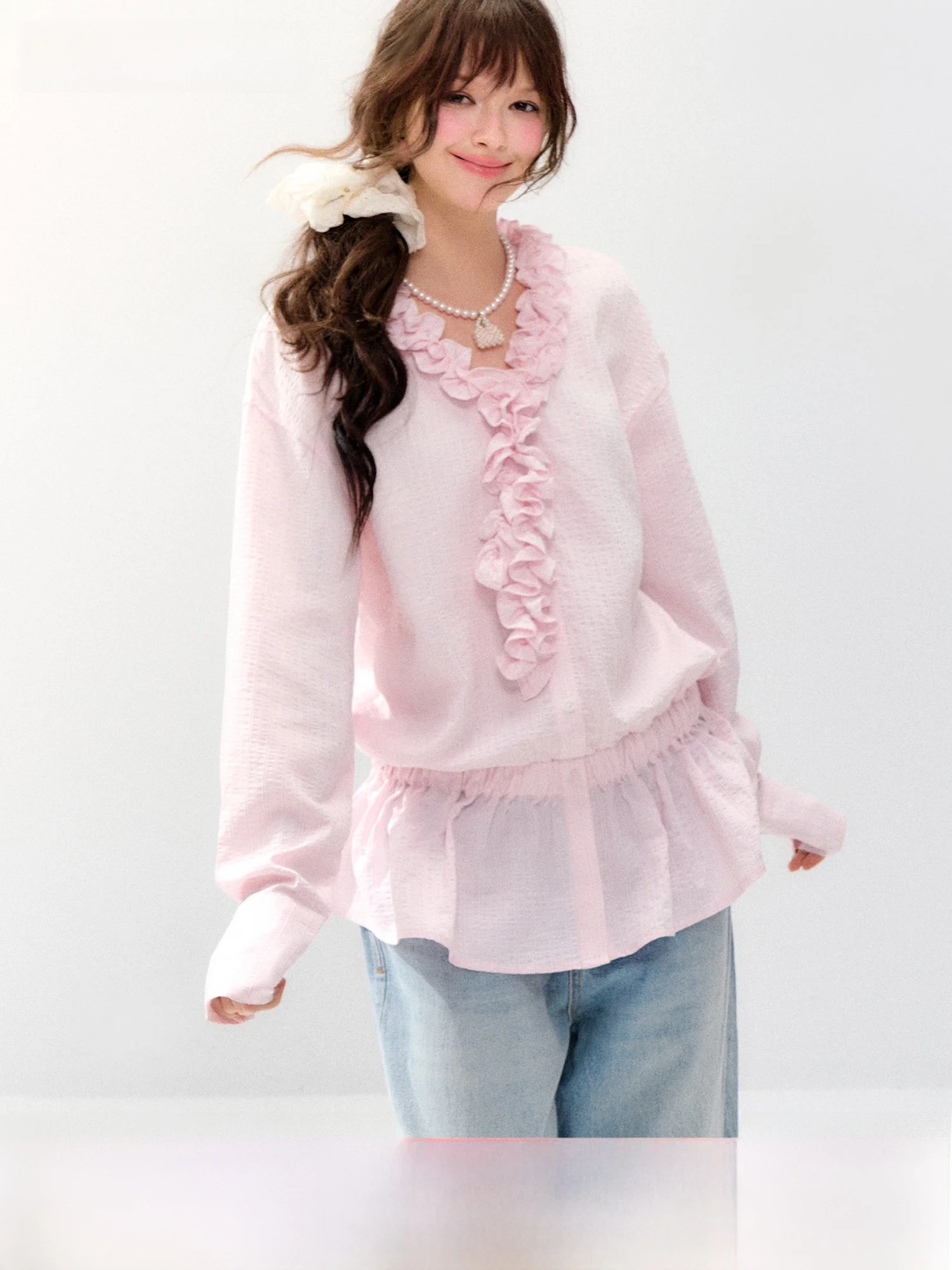 

Pink Ruffle Shirt Women's Waist-Cinching Design Casual Loose Fit Long Sleeve V-Neck Cotton Blend Polyester Lurex Shirt