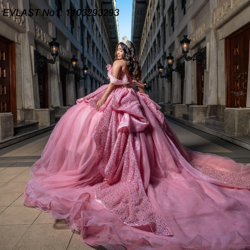 

EVLAST блестящее розовое бальное платье Quinceanera по индивидуальному заказу, кружевное платье с блестками и аппликацией из бисера и бантом Sweet 16, Vestidos De 15 Anos E1QN234