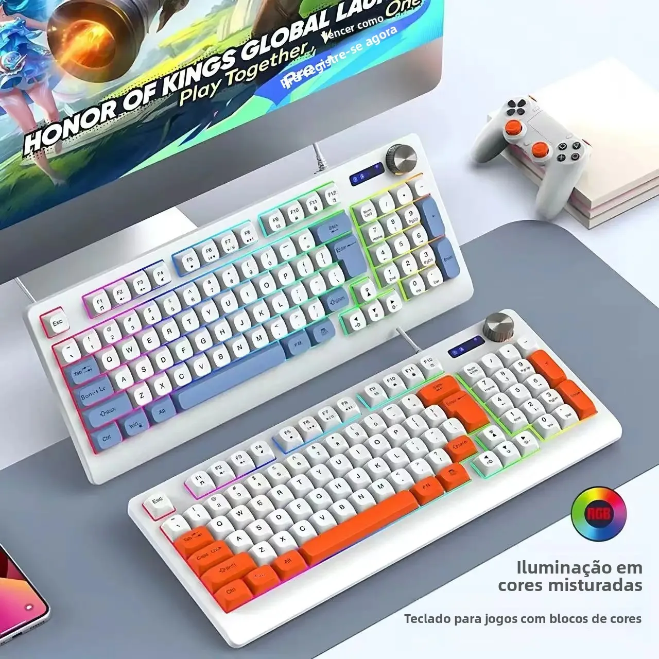 Teclado RGB com 93 Teclas, Sensação Mecânica Real, Capas de Teclas PBT, Cores Mistas, Ergonômico, Impermeável, Universal para Desktop e Notebook