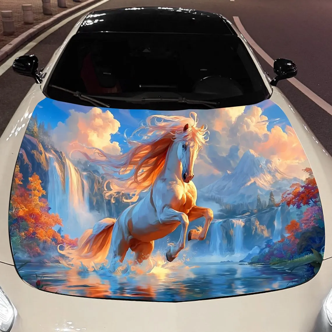 Fairy Realm Galloping Horse Car Vinyl Wrap, PVC Material Waterproof Car Hood Sticker, Self-Adhesive Scratch-Resistant Stickers f