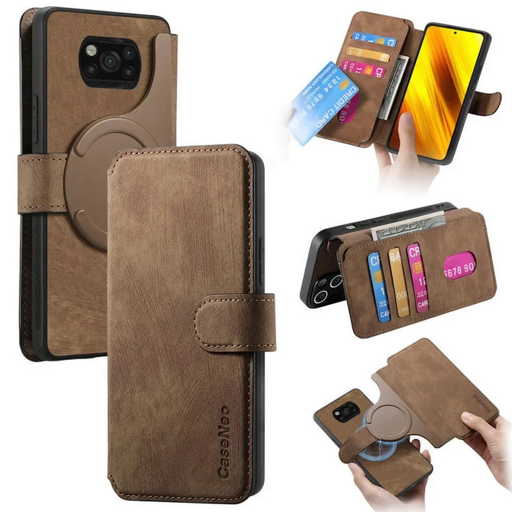 

For Xiaomi Poco F6 X6 M6 X5 F5 M4 X3 M3 Pro X4 NFC 5G Magsafe Case 2IN1 Detachable Leather Cover For Poco X3 GT M5S F3 C75 Funda