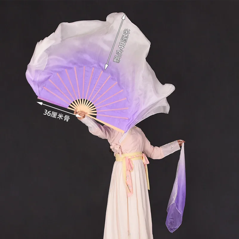 Hand Folding Fan Double-Side Women Real Silk Fan Veil Half Circle Belly Dance Short Performance Show Props Big Size Violet 85cm