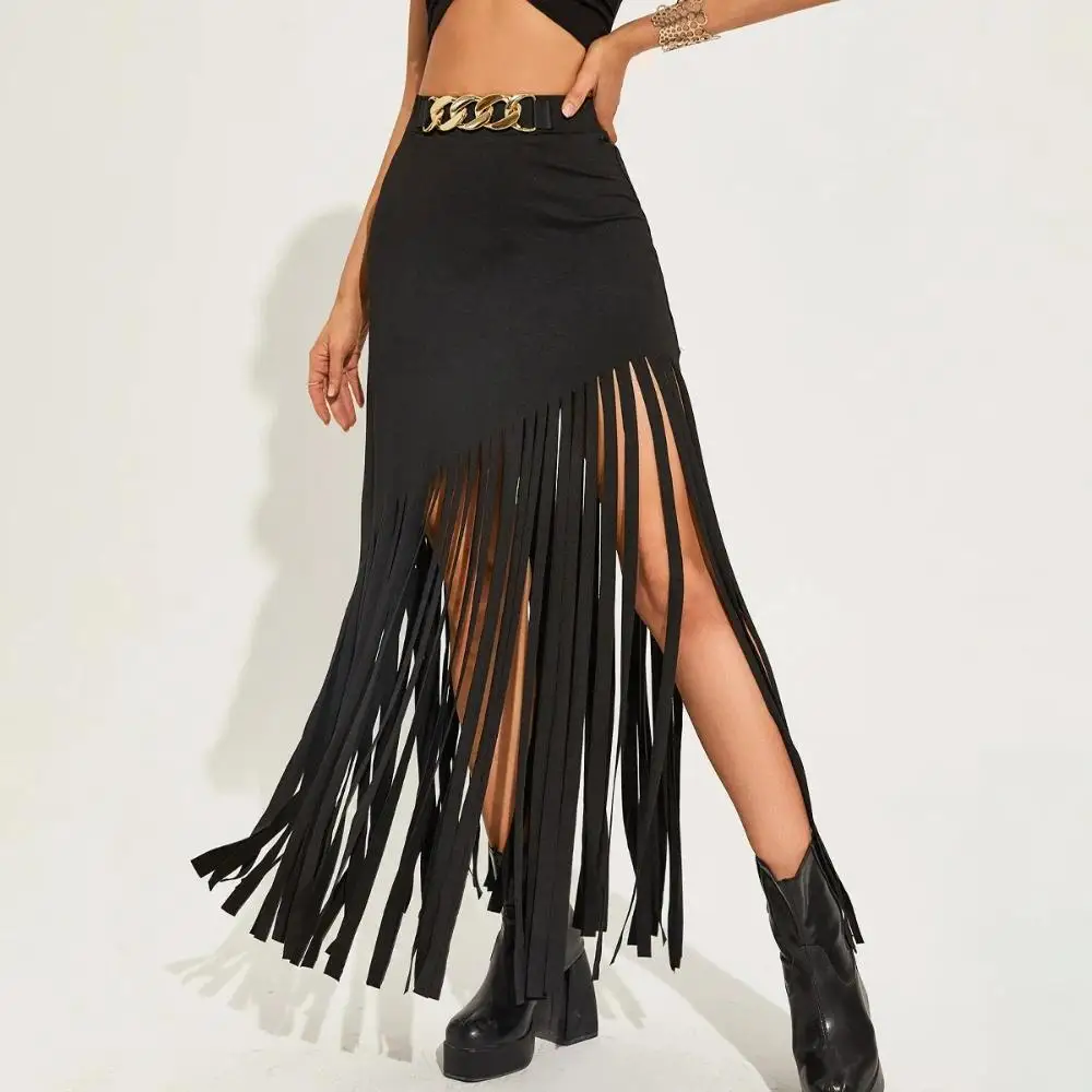 

Women's Fringe Bodycon Maxi Skirt High Waist Tassel Chain Black Long Skirts