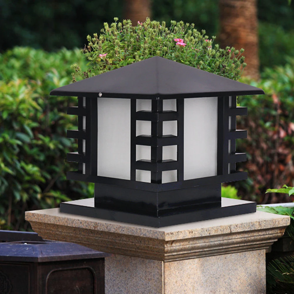 Black Retro Iron Lantern Frosted  Exterior Pillar Lights Gate Post Lamps