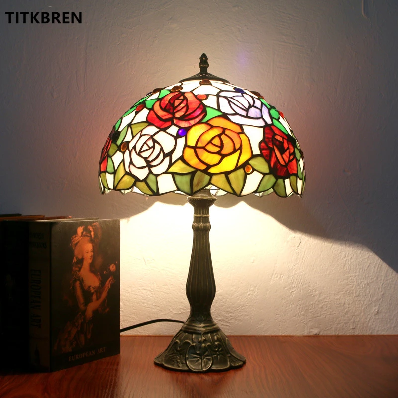 Tiffany Style Rose Flower Table Lamp Stained Glass Lampshade Bedroom Bedside Lighting Home Decoration Indoor Room Fixtures