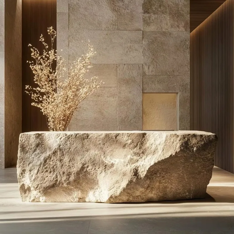 Modern style fiberglass curved extensible bar counter natural stone effect reception